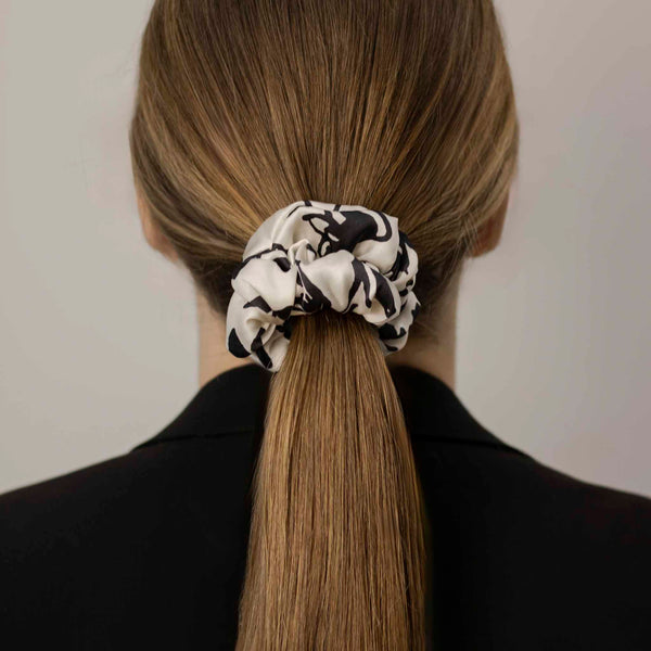 FLOWERED WHITE BLACK MATTE THIN HAIR TIE HANDMADE